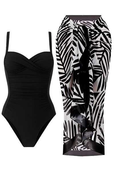 CUPSEA Women's Gathering Draped Swimsuit Black Leaf Pattern Pareo Set of 2 Stylish and Slimming Effect