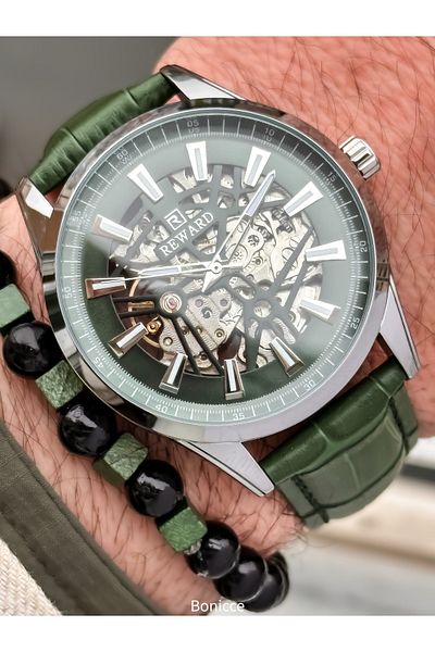 Reward Green Leather Cord, Auto (Without Battery), 5 Atm, Men's Wristwatch Bracelet in Stylish Box Gift