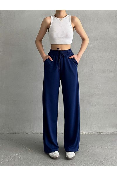 BEJNA Marineblaue Modal-Jogginghose mit weitem Bein für Damen