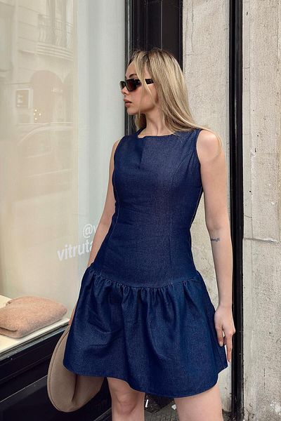 Swist Navy Blue Women's Denim Mini Dress with Zero Sleeve Zipper Skirt