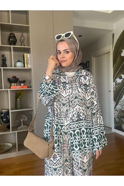 Aselim Hijap Moda Cotton Viscose Ethnic Patterned Kimona Shirt Set Green