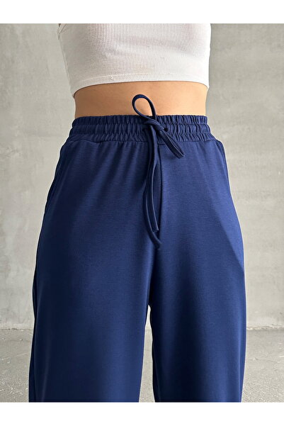 BEJNA Women's Navy Blue Wide Leg Modal Sweatpants