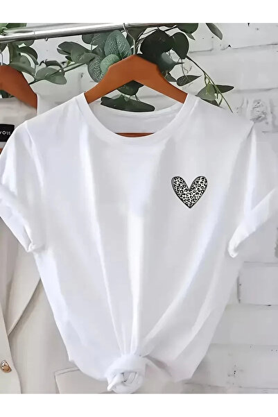 C&Z Collection Leopard Heart Printed Casual T-Shirt - Large Size - White