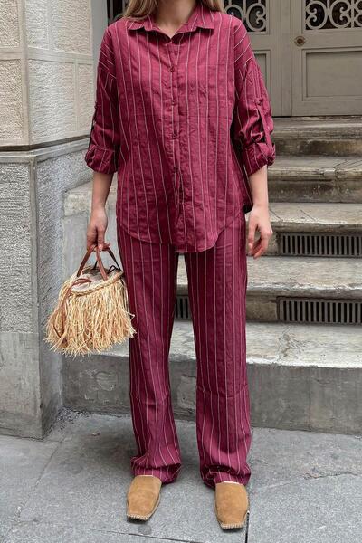 Swist Burgundy Zeya Striped Shirt-Pants Modal Women's Bottom Top Set