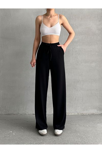 BEJNA Schwarze Modal-Jogginghose mit weitem Bein für Damen
