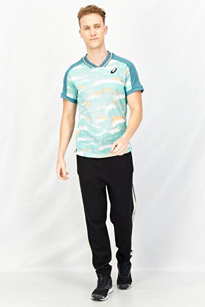 Asics Men Slim Fit V-Neck Short Sleeve Jersey Shirt, Green Combo