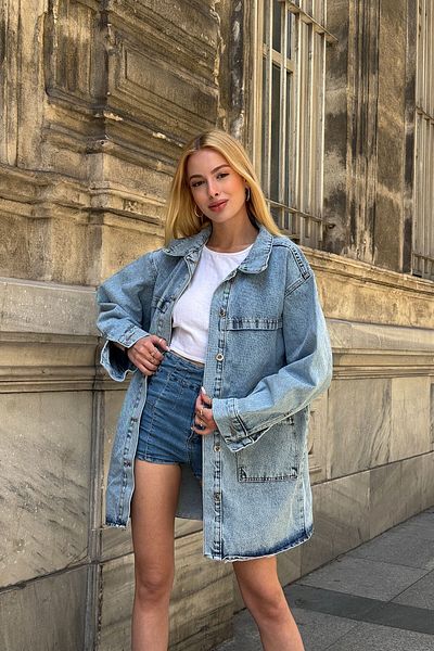 bacc Jachetă de damă, cu buzunar dublu, cu nasturi, de vară, albastru, din denim Bcdf-245415