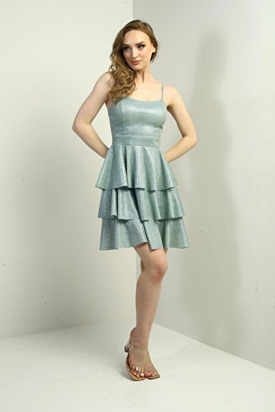 By Saygı Kadın İp Askılı Simli Kat Kat Kısa Elbise