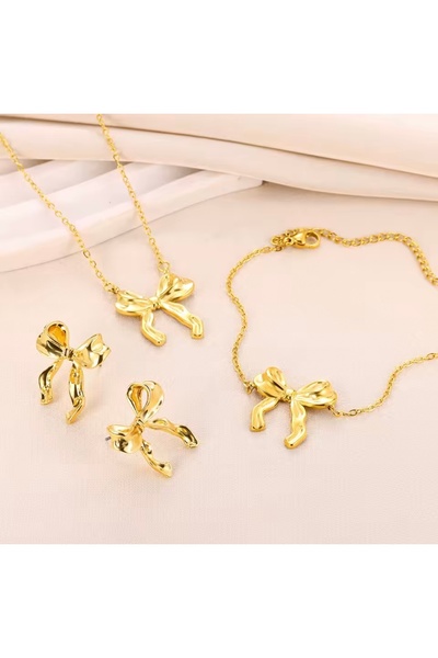 monalisatoka Kadın Gold Fiyonk Küpe+Kolye+Bileklik Seti