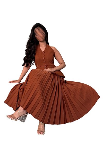 barlina Light brown pleated sleeveless blazer dress