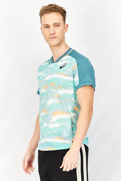 Asics Men Slim Fit V-neck Short Sleeve Jersey Shirt, Green Combo