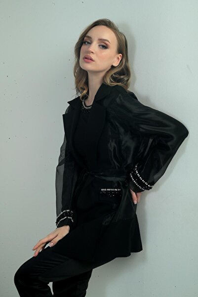 By Saygı Women's Organza Stone Bead Detailed Belted Jacket Blouse Set of 2