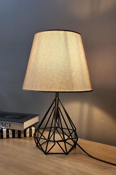 Taşcan Aydınlatma Piramit Siyah Ayaklı Abajur Masa Lambası Açık Kahve Şapka S...