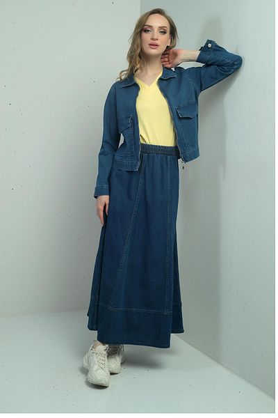 By Saygı Women's Elastic Waist Long Flared Skirt Front Zipper Bag Pocket Jacket 2-Piece Denim Set