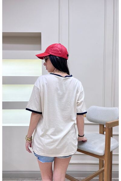 DUBU BUTİK Μπλουζάκι σε μπεζ Navy Blue Oversize - Uncool Piece, Crew Neck, κοντό μανίκι