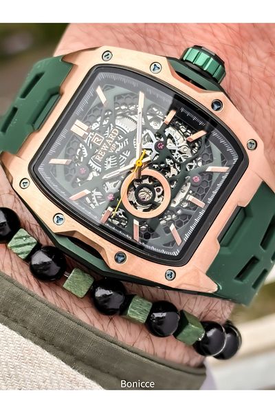 Reward Green Silicone Band, Steel Case, Auto (No Battery), 5 Atm, Vip Men's Wristwatch with Bracelet Gift