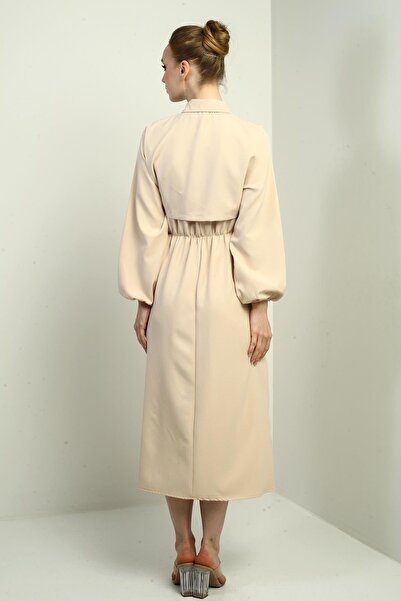 By Saygı Women's Buttoned Long Sleeve Midi Dress with Elastic Waist Vest