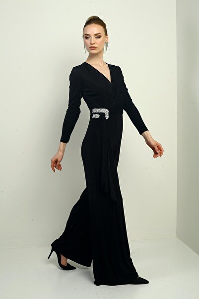 By Saygı Women's Double Breasted Collar Waist Stone Detailed Long Sleeve Wide Leg Lycra Jumpsuit