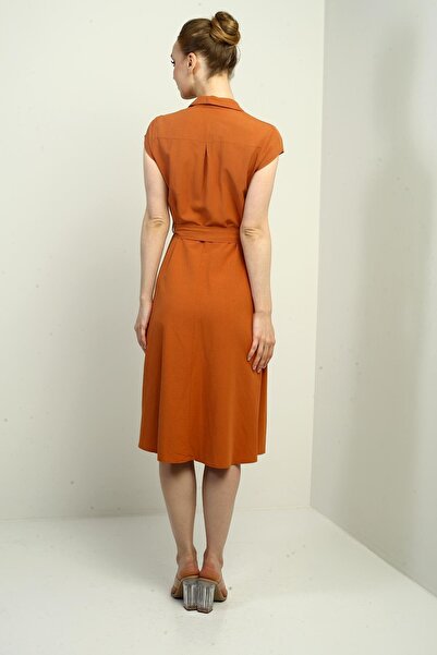 By Saygı Women's Buttoned Waist Belted Shirt Collar Short Sleeve Dress