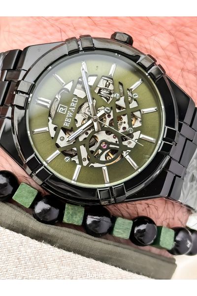 Reward Black Steel Cord, Auto (Without Battery), 5 Atm, Vip Men Wrist Watch Bracelet with Gift