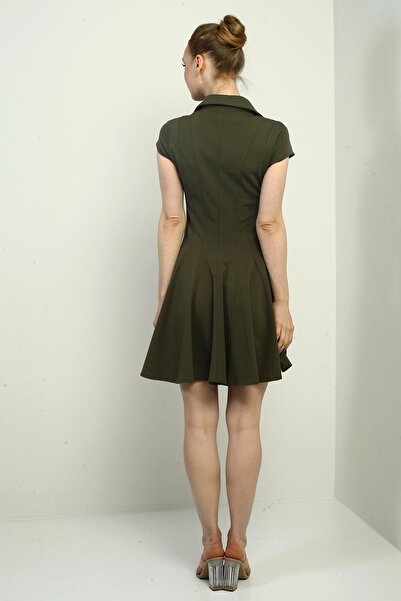 By Saygı Women's Polo Neck Moon Sleeve Lycra Flared Short Dress