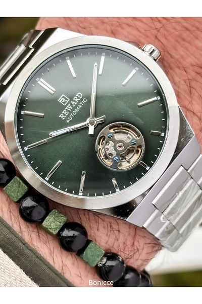 Reward Silver Green Steel Cord,Steel Case,Automatic (Without Battery),5 Atm,Vip Men's Wristwatch with Bracelet Gift