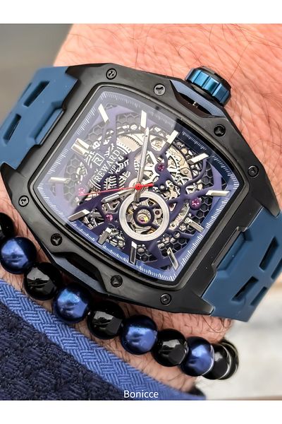 Reward Navy Blue Silicone Cord, Steel Case, Auto (Without Battery), 5 Atm, Vip Men Wristwatch Bracelet with Gift