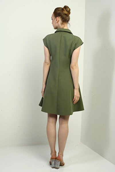 By Saygı Women's Half Zipper and Lace Detailed Self-Taped Short Flared Dress