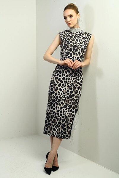 By Saygı Women's Stoned Judge Collar Belted Waist Side Chain Detail Slit Leopard Pattern Crepe Satin Midi Dress