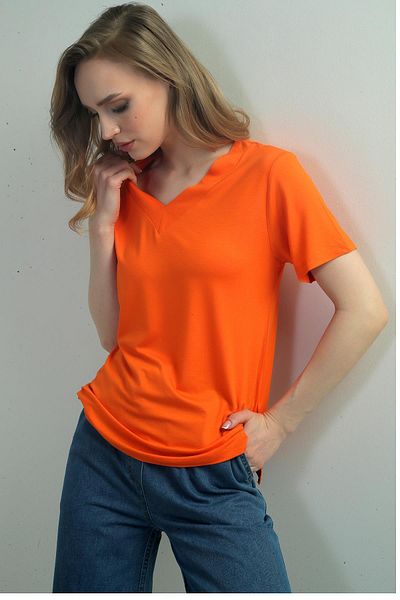 By Saygı Women's V-Neck Slit Short Sleeve Blouse