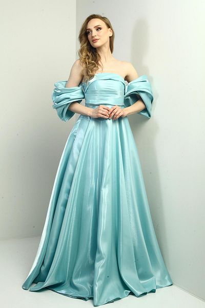 By Saygı Women's Low Balloon Sleeve Lined Satin Flared Long Dress with Pockets