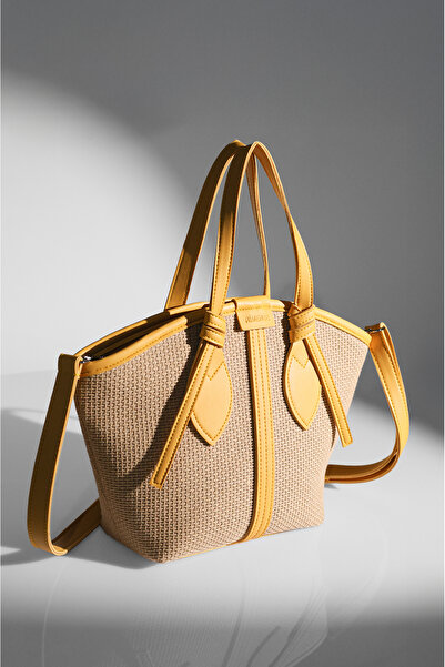 Rimense Women's Yellow Straw Lined Zippered Hand and Shoulder Bag