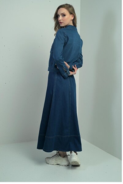 By Saygı Women's Elastic Waist Long Flared Skirt Front Zipper Bag Pocket Jacket 2-Piece Denim Set