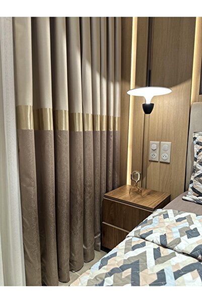 SAYDEMİR HOME Lüks Şeritli Safir Desen Krem Gold Kahve Pano Fon Perde Sık Pile