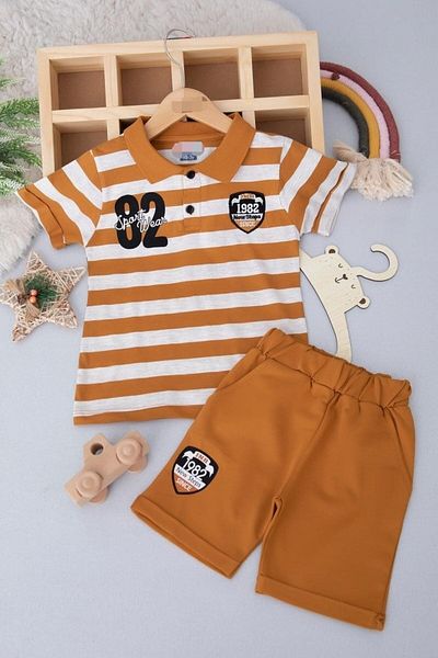 voyyo kids baby طقم تي شيرت وسروال قصير أنيق بياقة بولو مخططة للأولاد