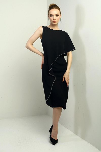 By Saygı Women's Single Flounce Sleeve Stone Detailed Lined Midi Crepe Dress