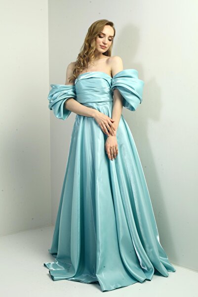 By Saygı Women's Low Balloon Sleeve Lined Satin Flared Long Dress with Pockets