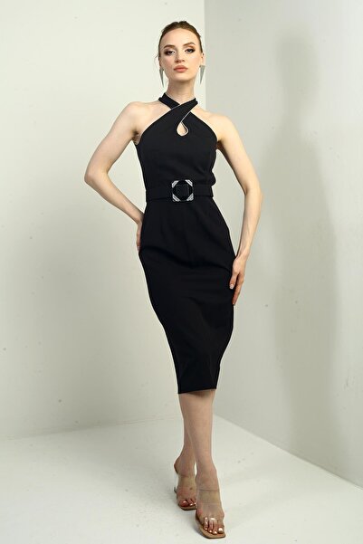 By Saygı Kadın Taşlı Çapraz Yaka Beli Kemerli Midi Krep Elbise