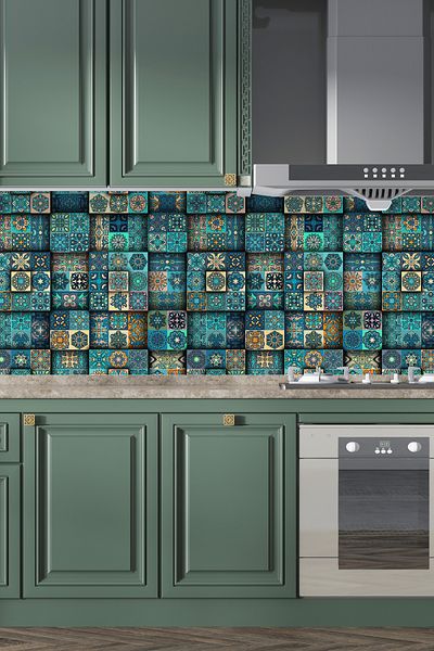 Pluswall Kitchen Countertop Foil, Tile Covering Foil, Ethnic 3D Tile Pattern |   60X120Cm