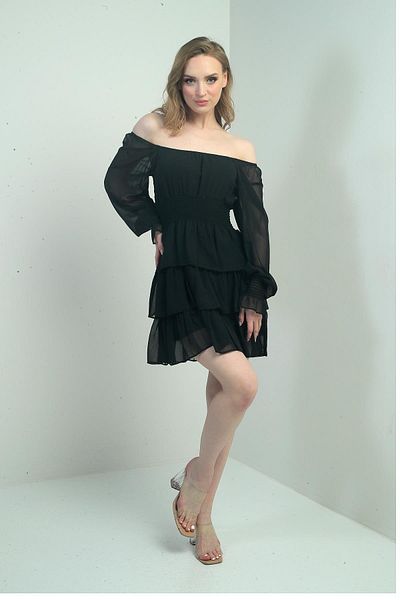 By Saygı Rochie din șifon scurtă, cu trei straturi, cu căptușeală Gipsey, cu guler Madonna pentru femei