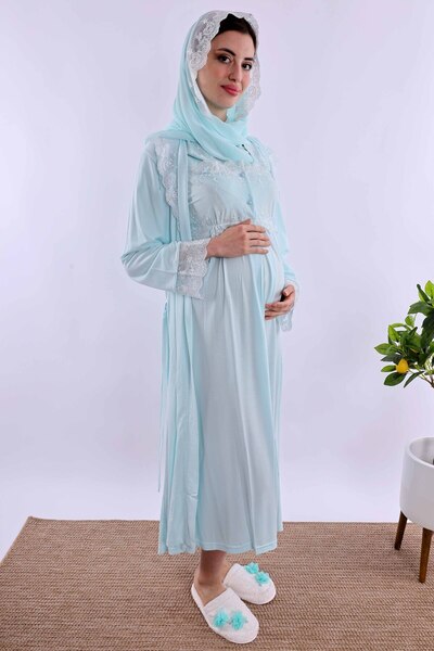 ByLohusa Effortt Turquoise Hijab and Dressing Gown Maternity Maternity Nightgown Set Byl2T24022