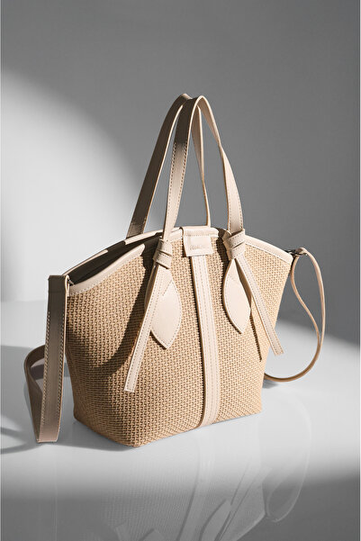 Rimense Γυναικεία τσάντα χεριών και ώμου με φερμουάρ με κρεμ ψάθινη επένδυση