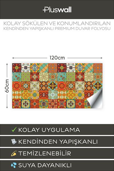 Pluswall Kitchen Countertop Foil, Tile Covering Foil, Portuguese Style Tile Pattern |   60X120Cm
