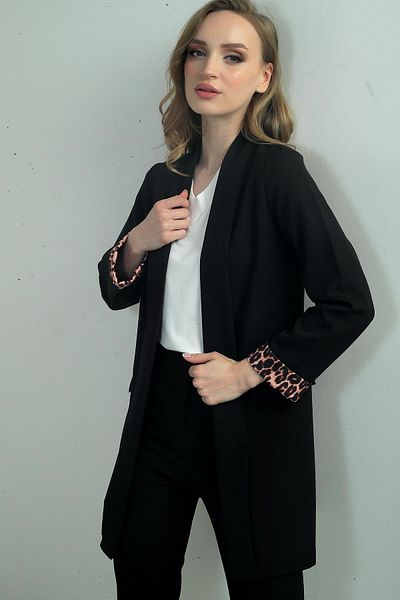 By Saygı Дамско дълго яке без ръкави с яка от ликра и леопардов шарка