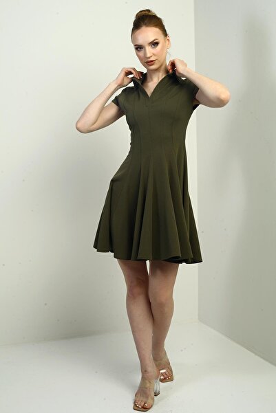 By Saygı Women's Polo Neck Moon Sleeve Lycra Flared Short Dress