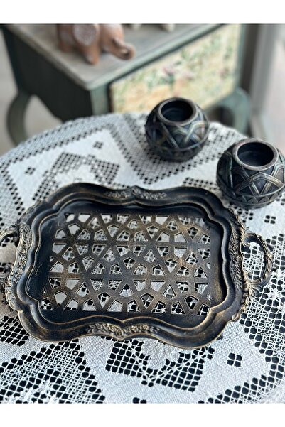 Baykuşca Siyah üzeri gold eskitme tepsi ve top mumluklar, 3 parça dekoratif t...