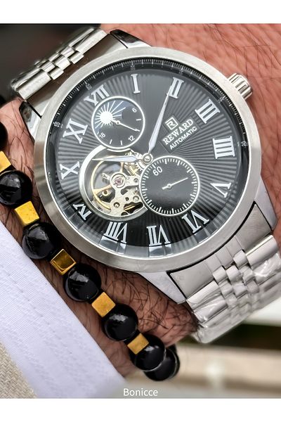 Reward Silver Black Steel Cord,Steel Case, Auto (Without Battery), Atm, Vip Men's Wristwatch with Bracelet Gift