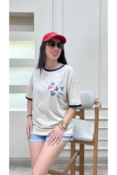 DUBU BUTİK Μπλουζάκι σε μπεζ Navy Blue Oversize - Uncool Piece, Crew Neck, κοντό μανίκι