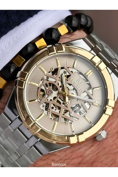 Reward Silver Yellow Steel Cord, Auto (Without Battery), 5 Atm, Vip Men Wrist Watch Bracelet with Gift