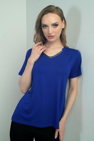 By Saygı Women's Glittery V-Neck Short Sleeve Blouse